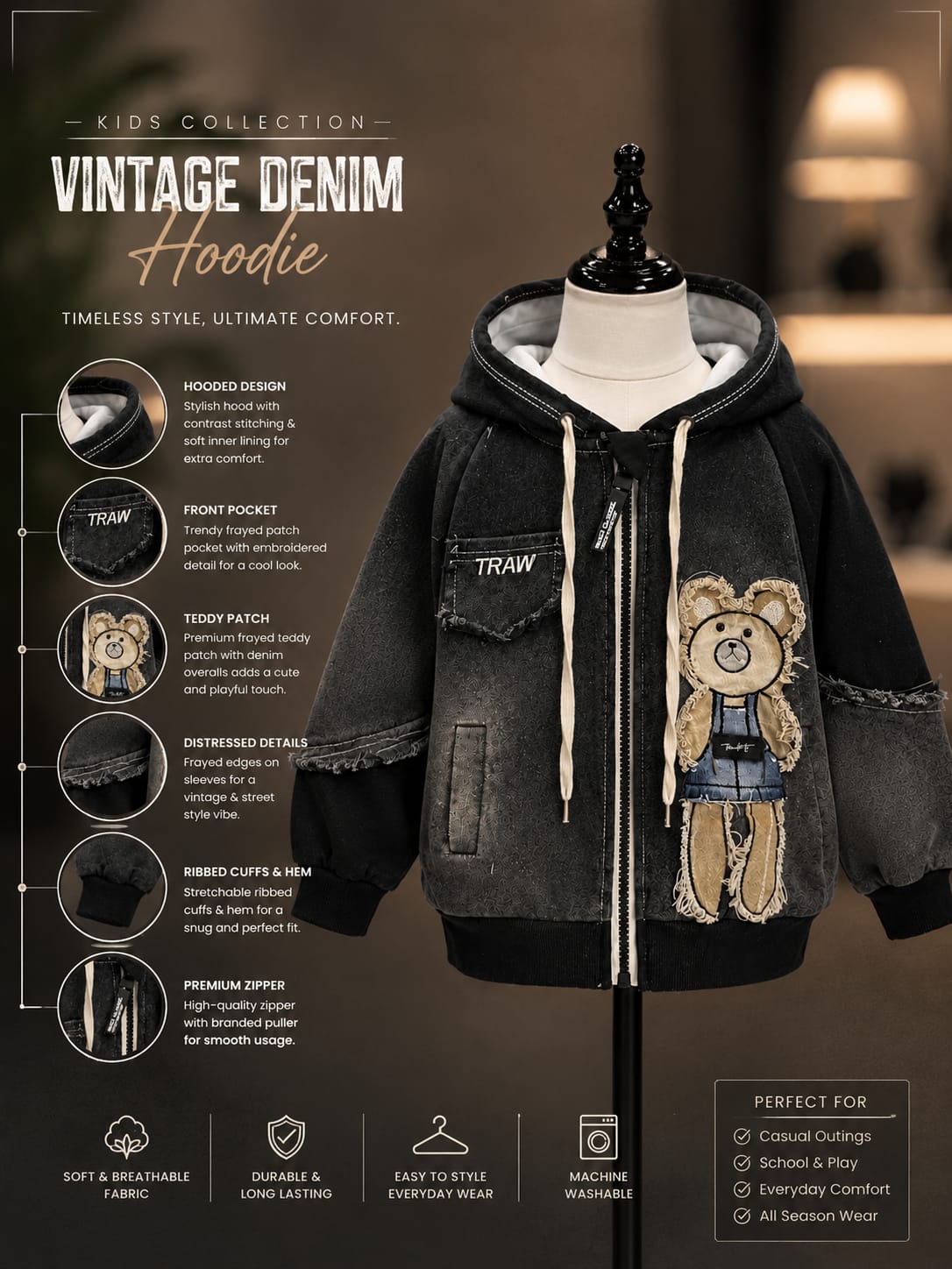 Kids Black Teddy Bear Printed Hooded Jacket | 1–5 Years