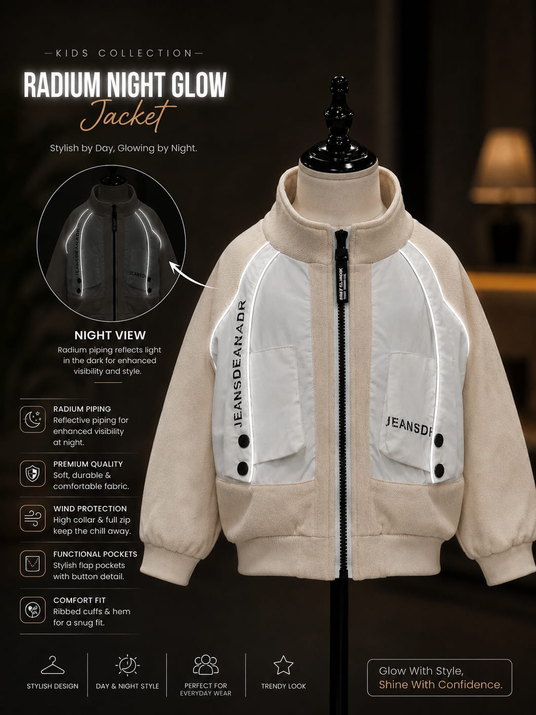 Kids Cream & White Stylish Zip-Up Jacket | 1–5 Years
