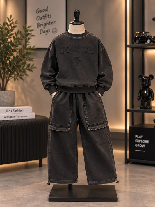 Kids Vintage Black Co-Ord Set – Oversized Sweatshirt & Wide-Leg Cargo Pants | 5–10 Years