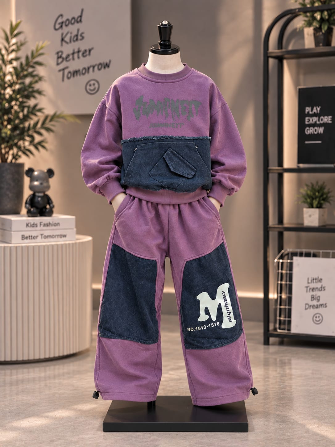 Kids Premium Purple Denim Patch Co-Ord Set – Stylish Sweatshirt & Wide-Leg Pants | 5–10 Years