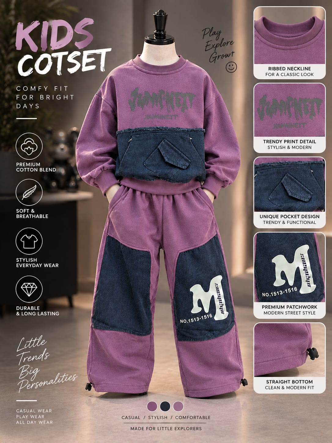 Kids Premium Purple Denim Patch Co-Ord Set – Stylish Sweatshirt & Wide-Leg Pants | 5–10 Years