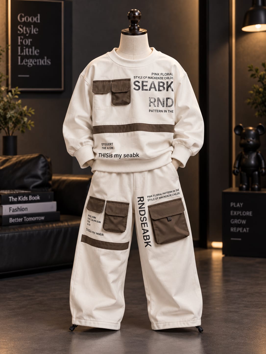 Kids Stylish Cream Cargo Co-Ord Set with Printed Sweatshirt & Wide-Leg Pants | 5–10 Years