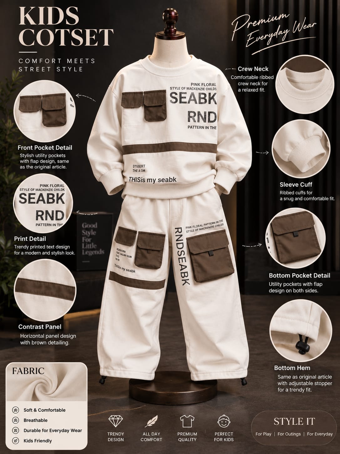 Kids Stylish Cream Cargo Co-Ord Set with Printed Sweatshirt & Wide-Leg Pants | 5–10 Years