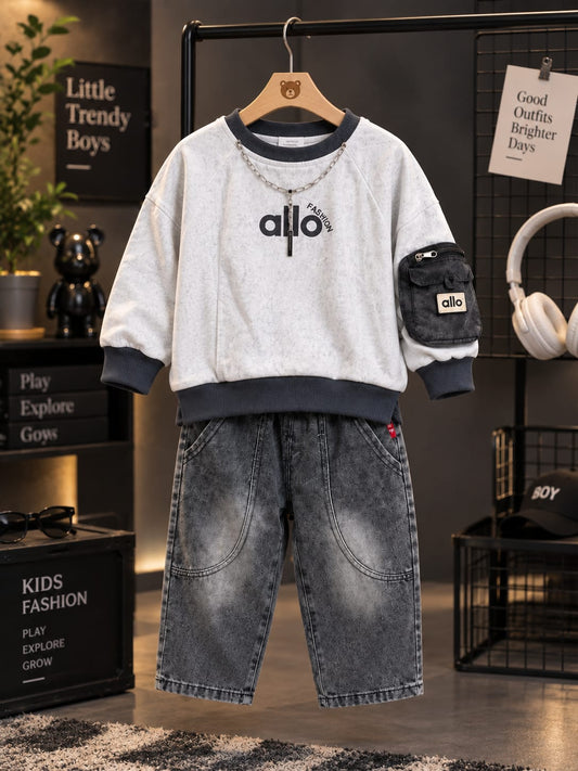 Kids Grey Washed Denim Cargo Joggers with Printed Sweatshirt | 18–26