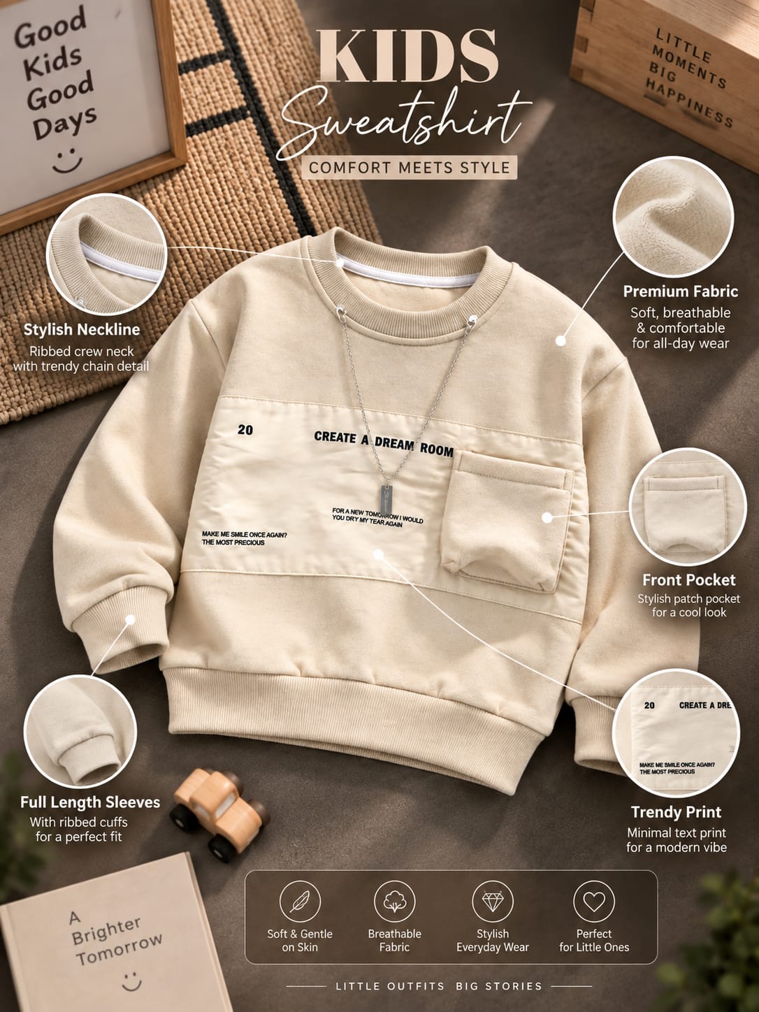 Kids Cream Premium Graphic Sweatshirt with Utility Pocket | Sizes 18–26