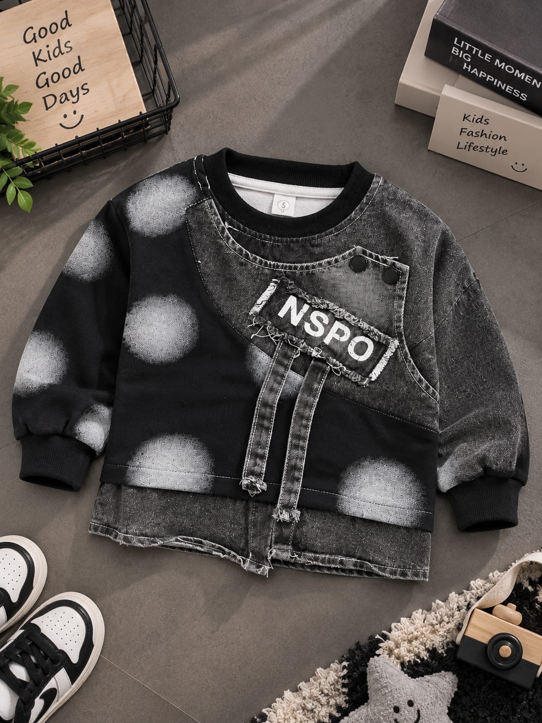 Kids Black & Grey Denim Style Sweatshirt – Printed Full Sleeve Top | Sizes 18–26