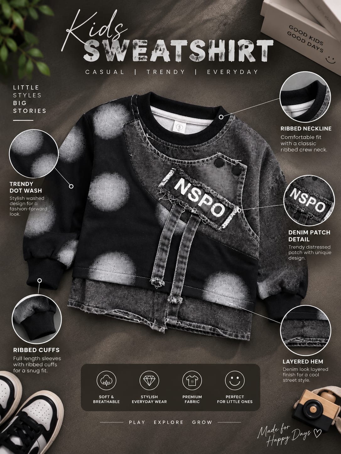 Kids Black & Grey Denim Style Sweatshirt – Printed Full Sleeve Top | Sizes 18–26