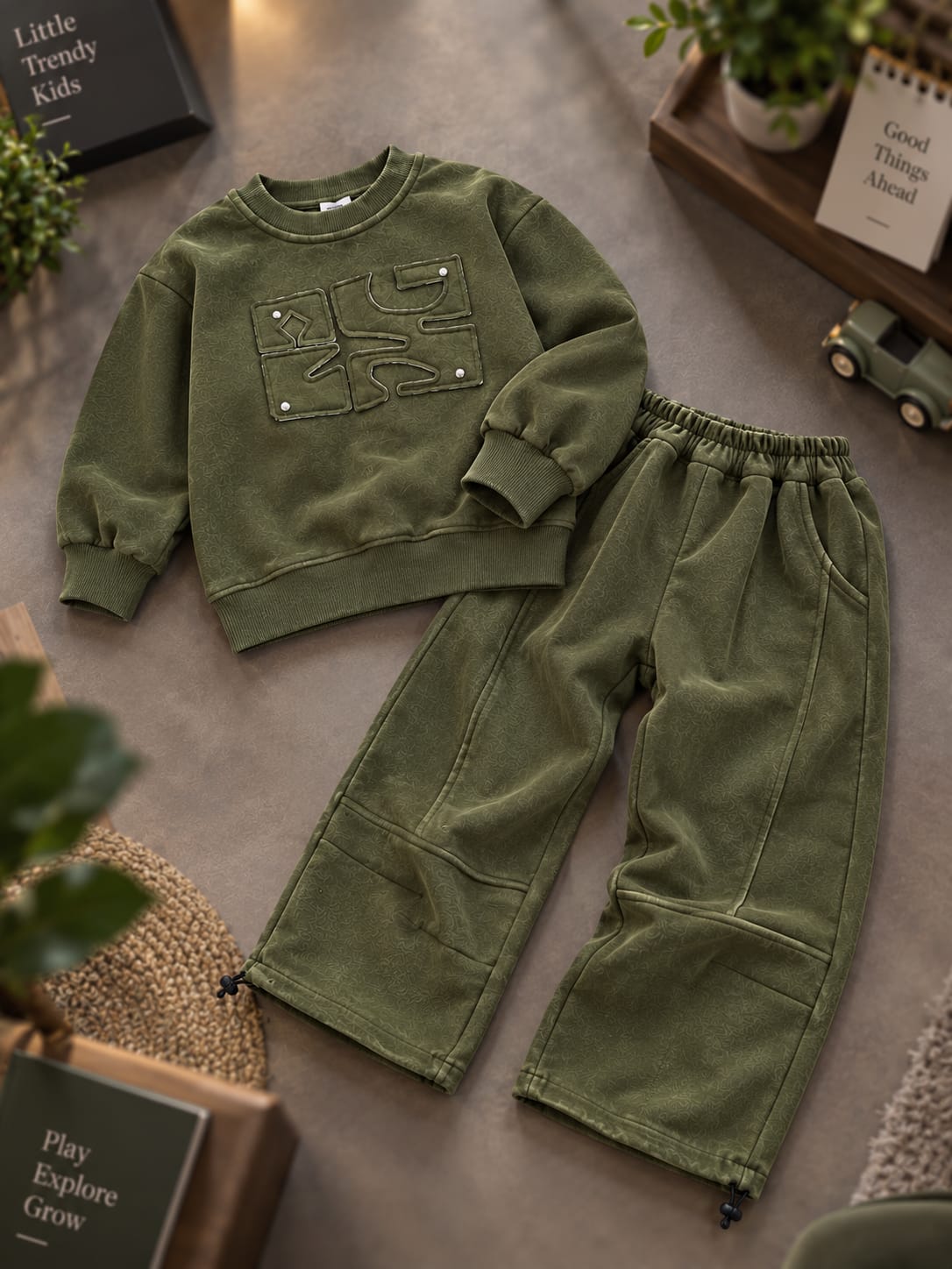 Kids Olive Green Printed Sweatshirt & Wide-Leg Pants Set – Stylish Co-Ord Set | Sizes 5–10 Years
