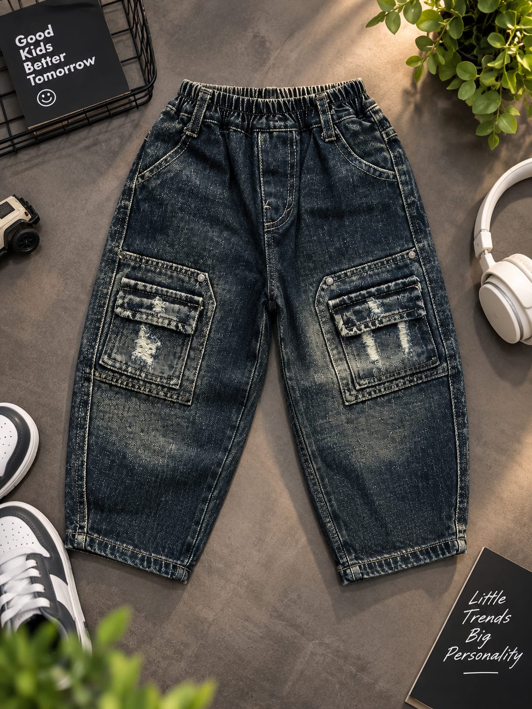 Kids Vintage Colour Cargo Denim Jeans – Ripped Pocket Detail | Sizes 24 Months–5 Years