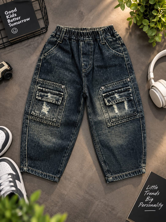 Kids Vintage Colour Cargo Denim Jeans – Ripped Pocket Detail | Sizes 24 Months–5 Years