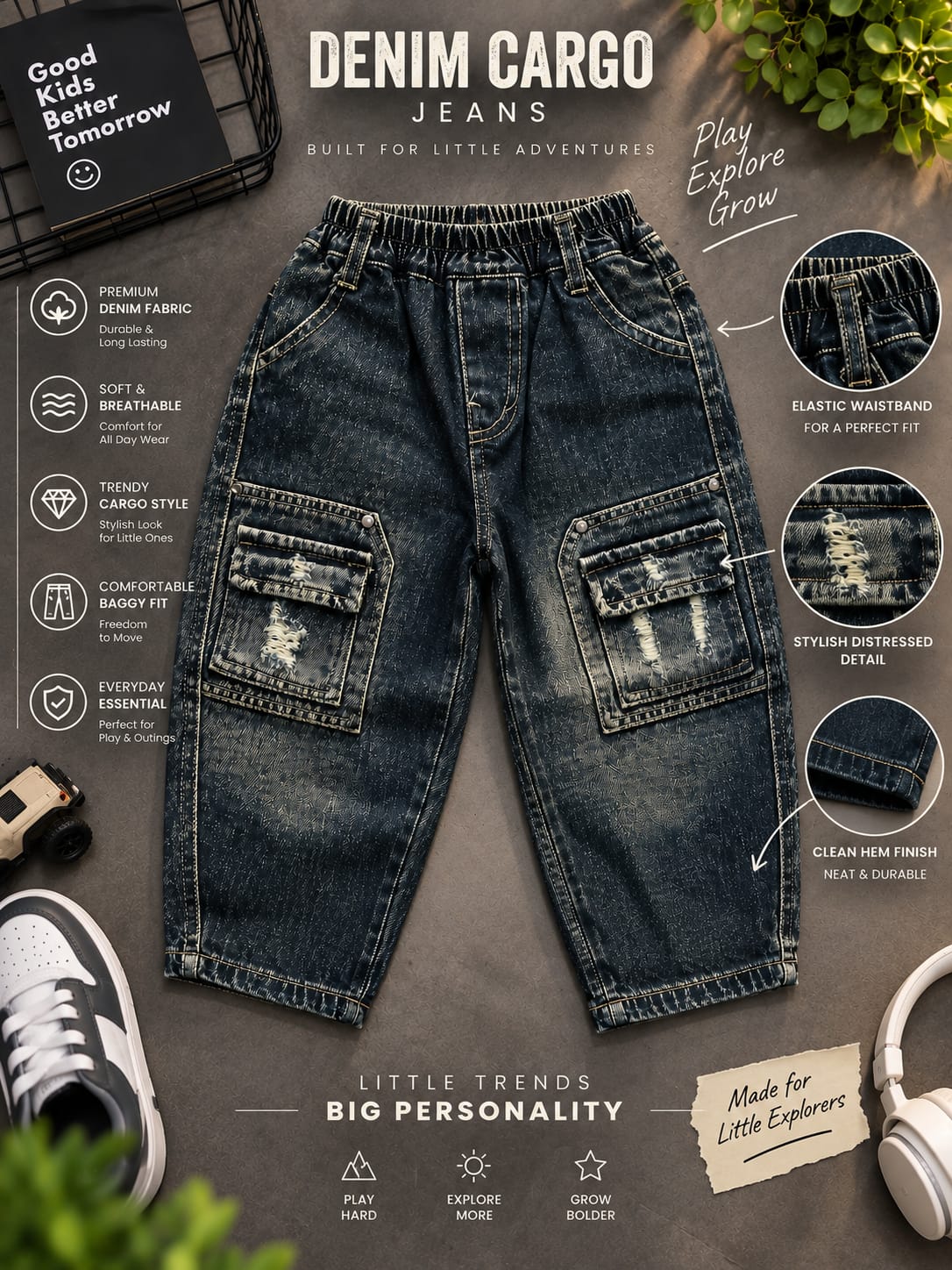 Kids Vintage Colour Cargo Denim Jeans – Ripped Pocket Detail | Sizes 24 Months–5 Years