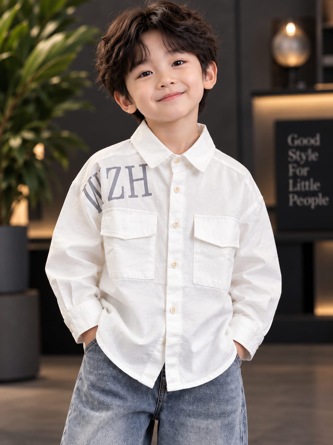 Kids White Casual Shirt – Full Sleeve Cotton Look with Front Pockets & Print | Sizes 5–10 Years