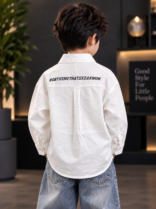 Kids White Casual Shirt – Full Sleeve Cotton Look with Front Pockets & Print | Sizes 5–10 Years
