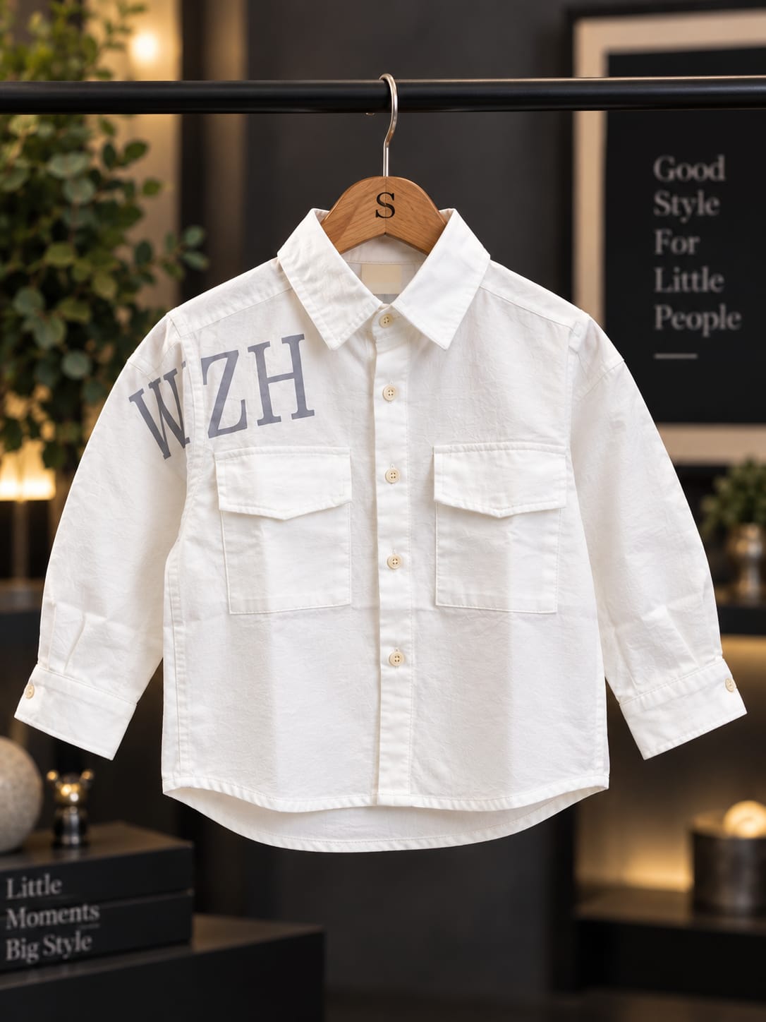 Kids White Casual Shirt – Full Sleeve Cotton Look with Front Pockets & Print | Sizes 5–10 Years