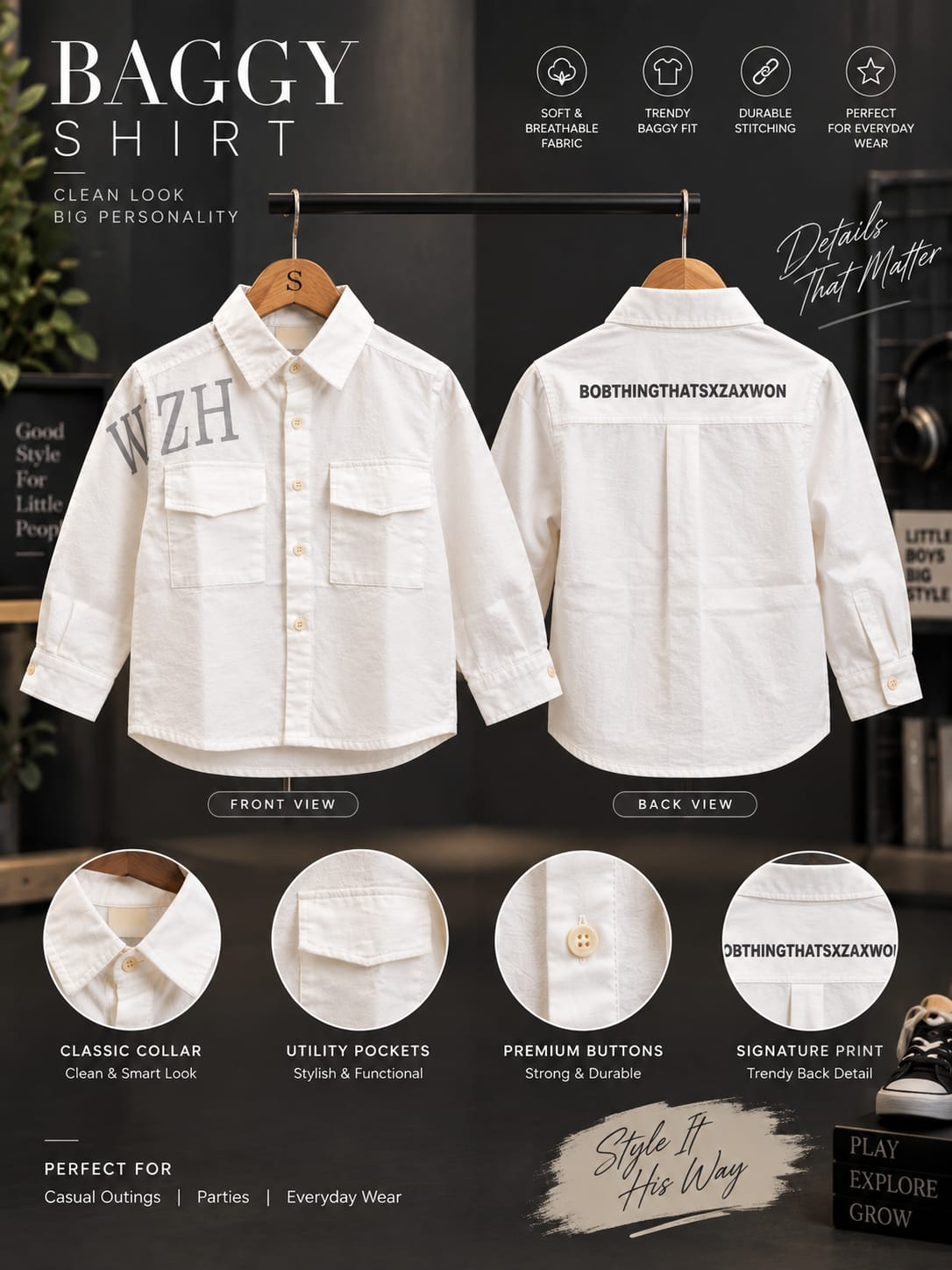 Kids White Casual Shirt – Full Sleeve Cotton Look with Front Pockets & Print | Sizes 5–10 Years