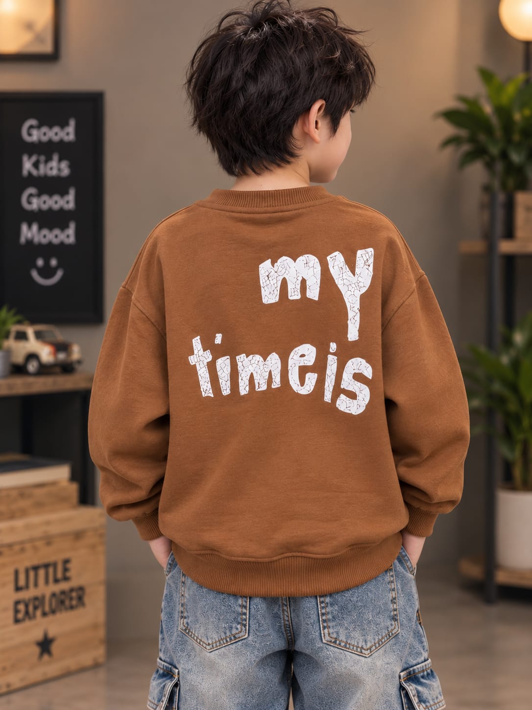 Kids Boys Brown Graphic Sweatshirt with Denim Vest Design | Casual Winter Sweatshirt | 6–12 Years