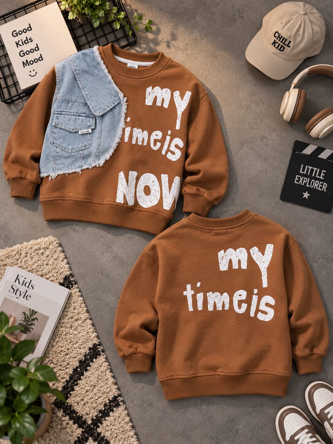 Kids Boys Brown Graphic Sweatshirt with Denim Vest Design | Casual Winter Sweatshirt | 6–12 Years