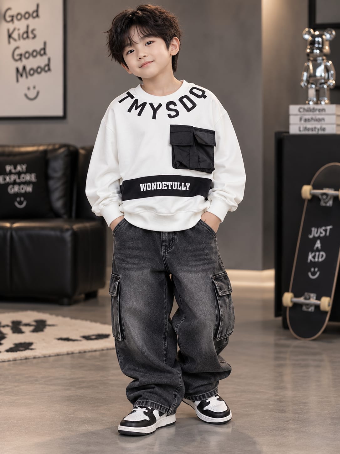 Kids Boys White & Black Graphic Pocket Sweatshirt | Trendy Casual Sweatshirt | 6–12 Years