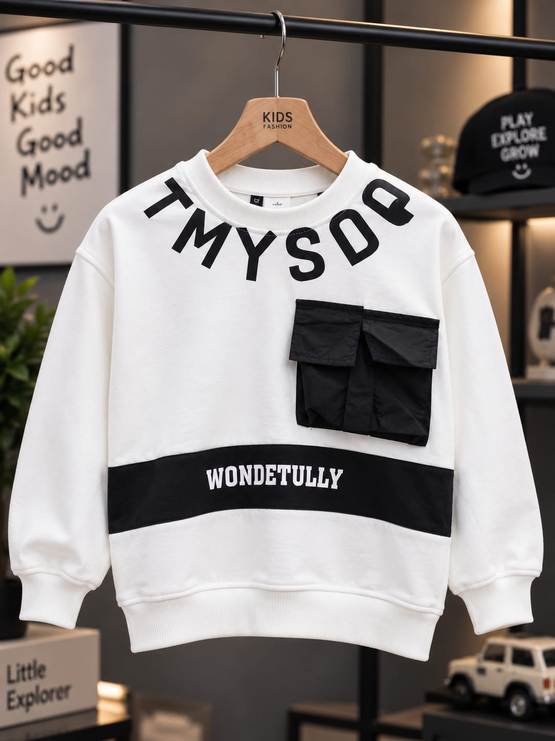 Kids Boys White & Black Graphic Pocket Sweatshirt | Trendy Casual Sweatshirt | 6–12 Years