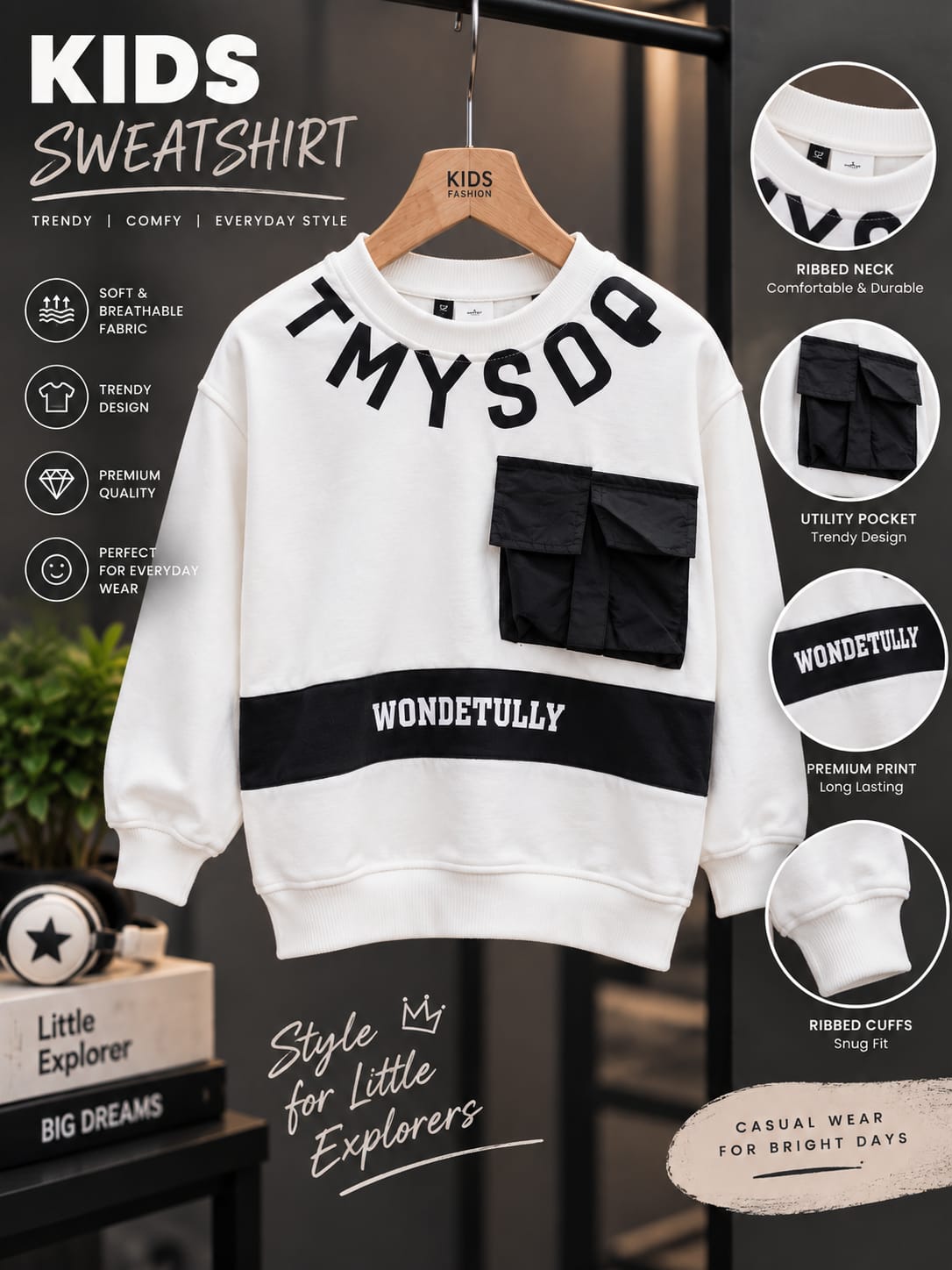 Kids Boys White & Black Graphic Pocket Sweatshirt | Trendy Casual Sweatshirt | 6–12 Years