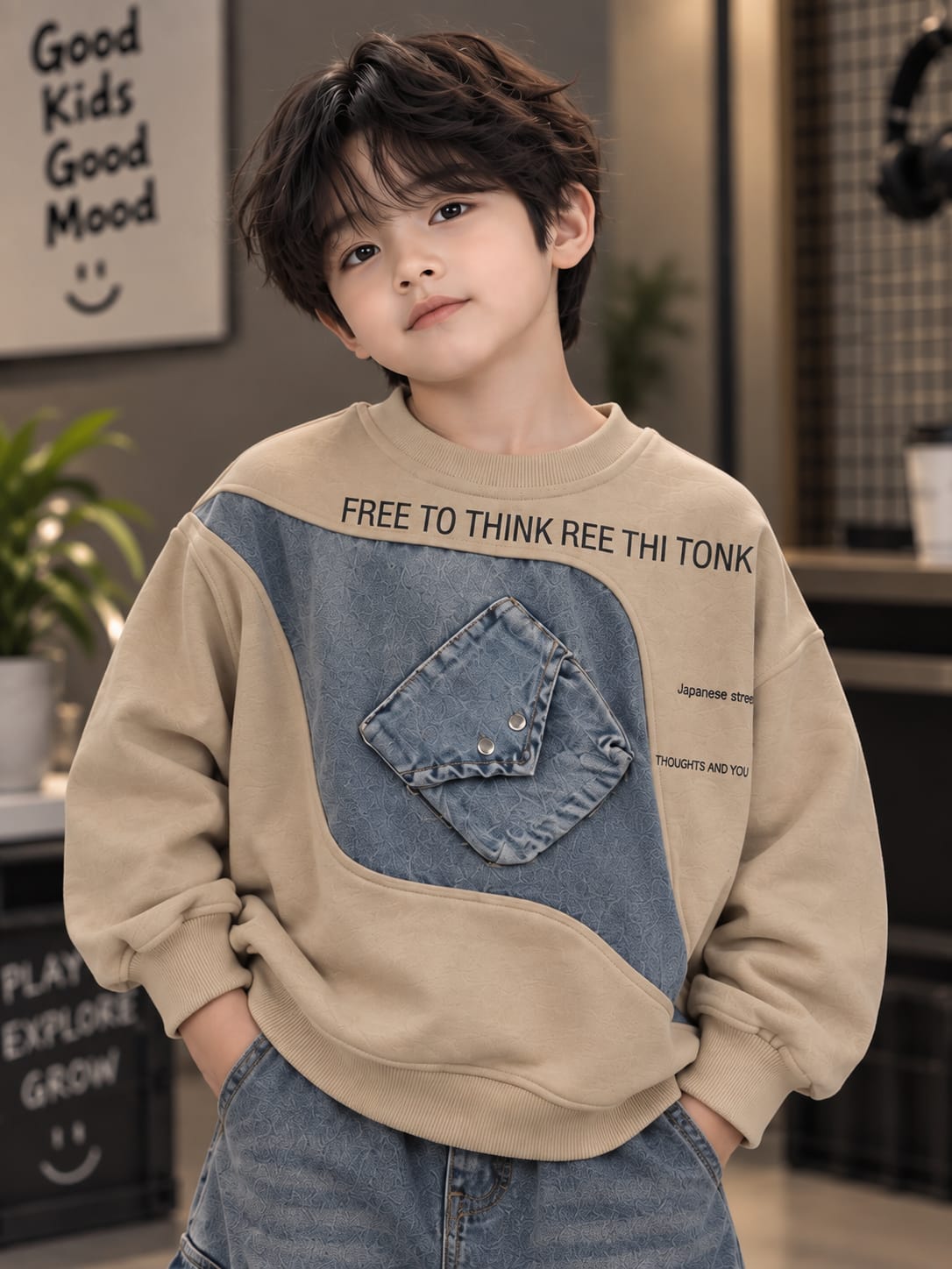 Kids Boys Beige Sweatshirt with Denim Panel & Pocket Detail | Trendy Casual Sweatshirt | 6–12 Years