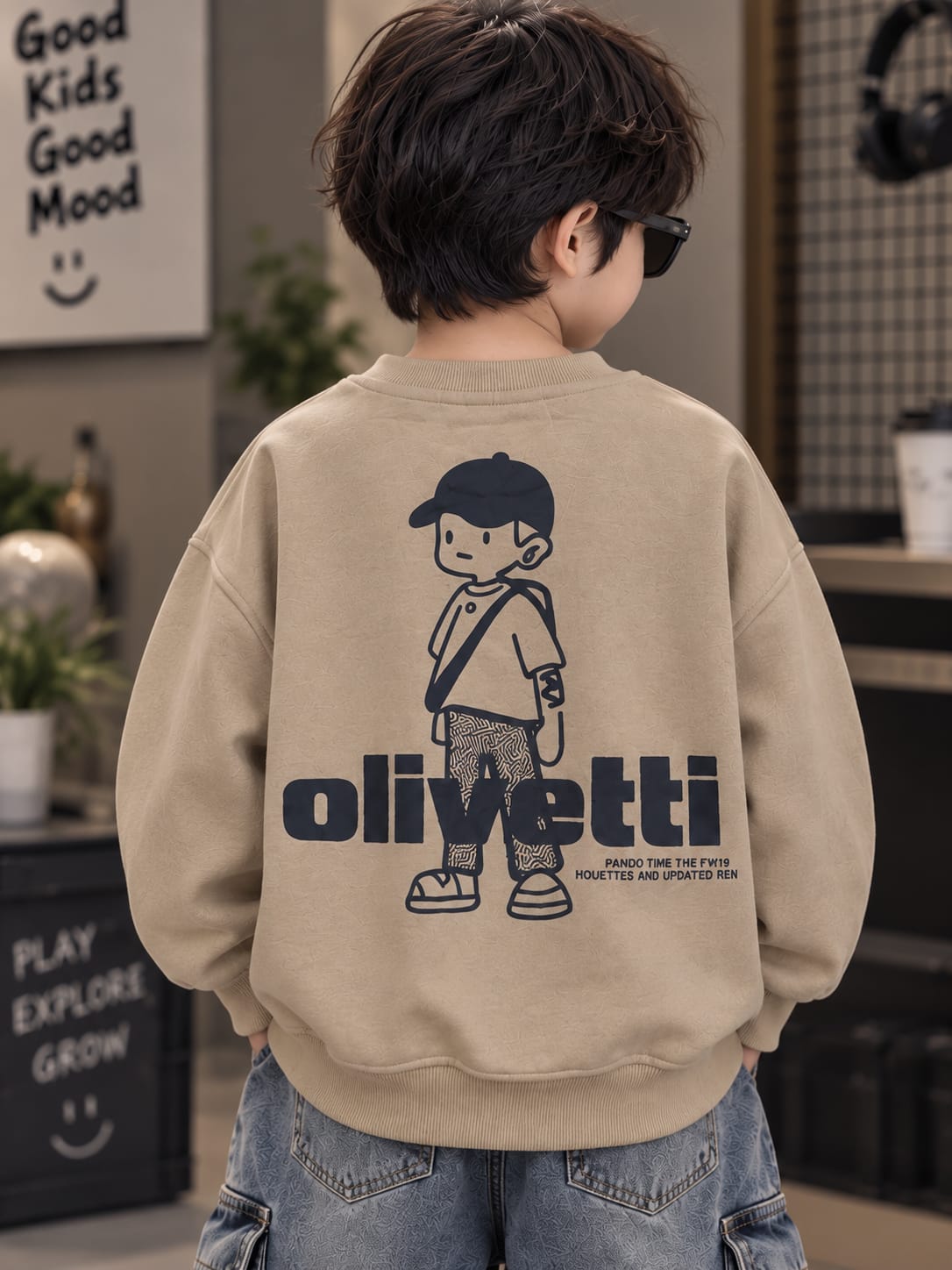 Kids Boys Beige Sweatshirt with Denim Panel & Pocket Detail | Trendy Casual Sweatshirt | 6–12 Years