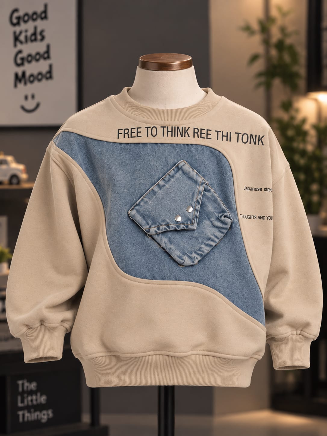 Kids Boys Beige Sweatshirt with Denim Panel & Pocket Detail | Trendy Casual Sweatshirt | 6–12 Years