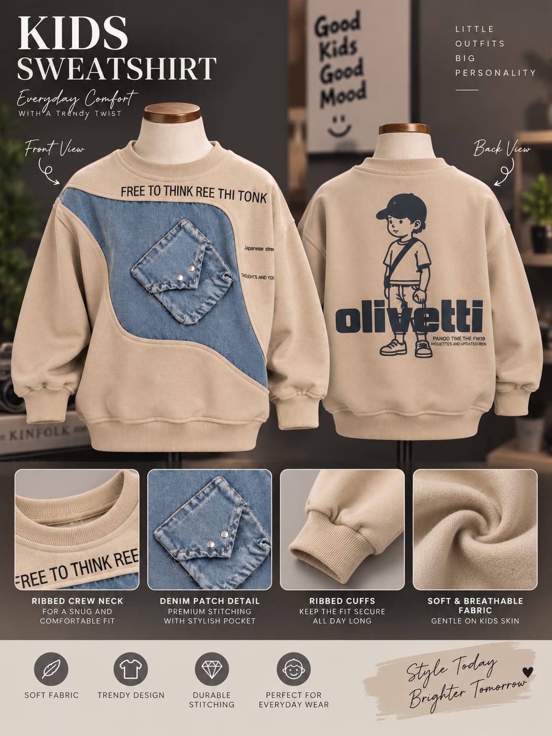 Kids Boys Beige Sweatshirt with Denim Panel & Pocket Detail | Trendy Casual Sweatshirt | 6–12 Years