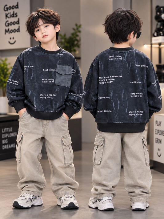 Boys Printed Oversized Sweatshirt with Utility Pocket – 6 to 12 Years
