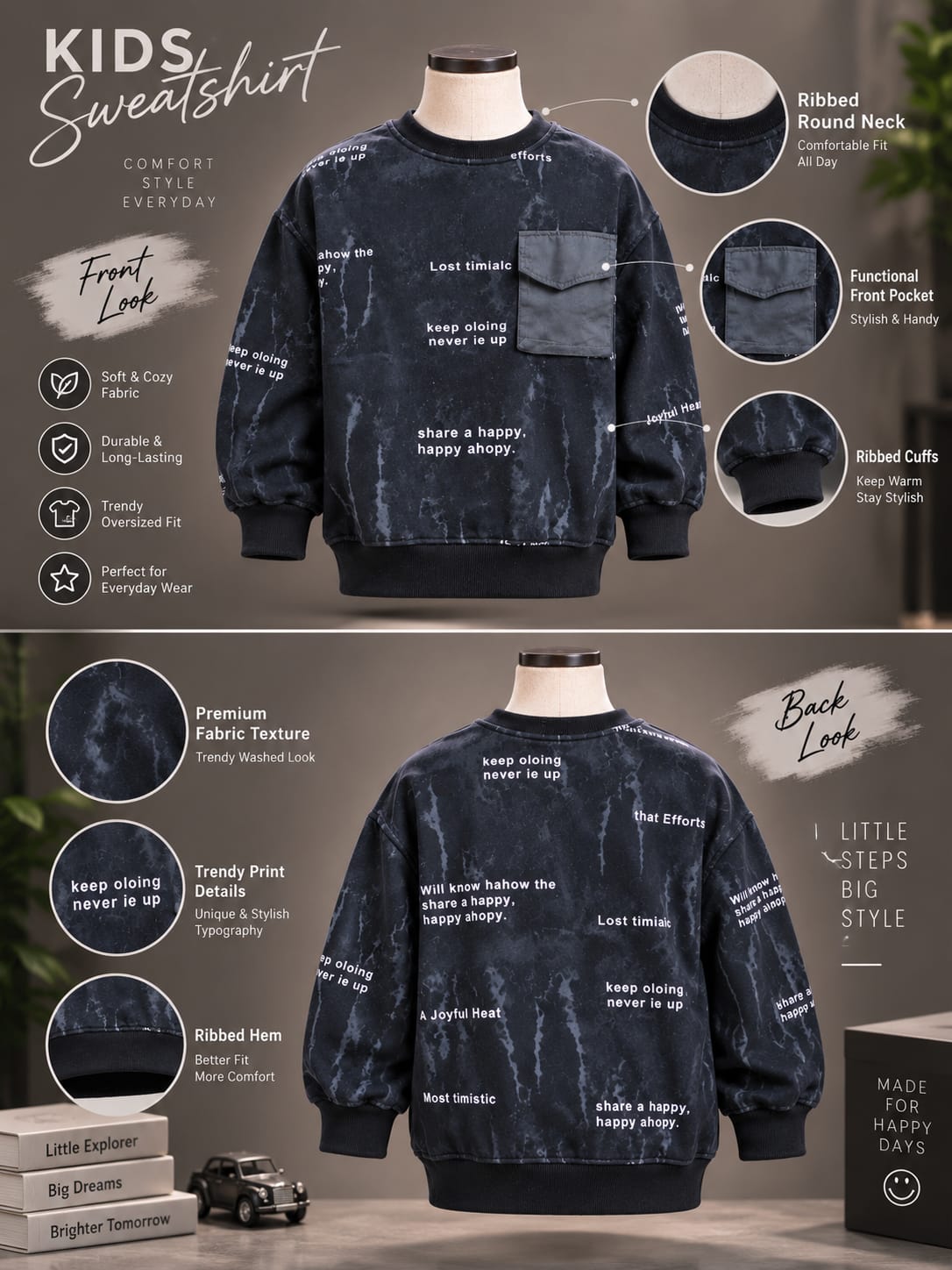 Boys Printed Oversized Sweatshirt with Utility Pocket – 6 to 12 Years
