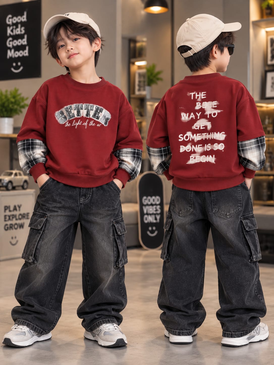 Boys Maroon Printed Sweatshirt with Checkered Sleeve Detail – 6 to 12 Years