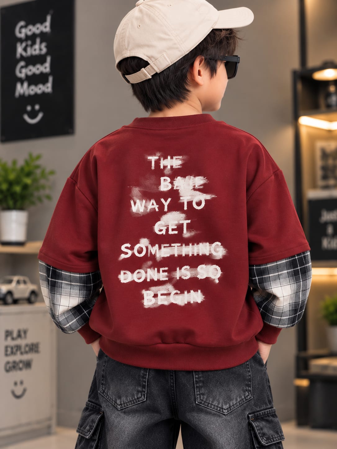 Boys Maroon Printed Sweatshirt with Checkered Sleeve Detail – 6 to 12 Years