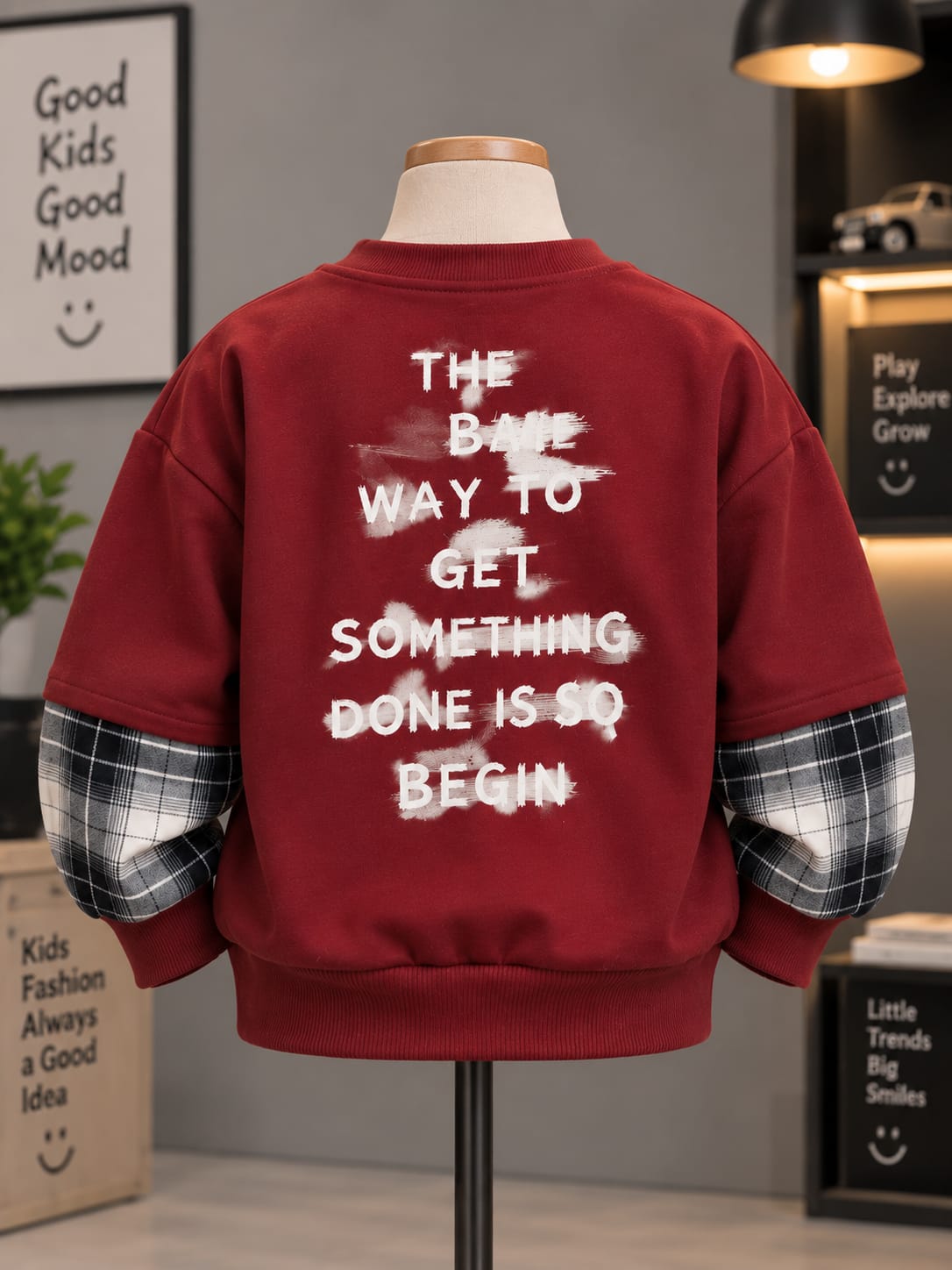 Boys Maroon Printed Sweatshirt with Checkered Sleeve Detail – 6 to 12 Years
