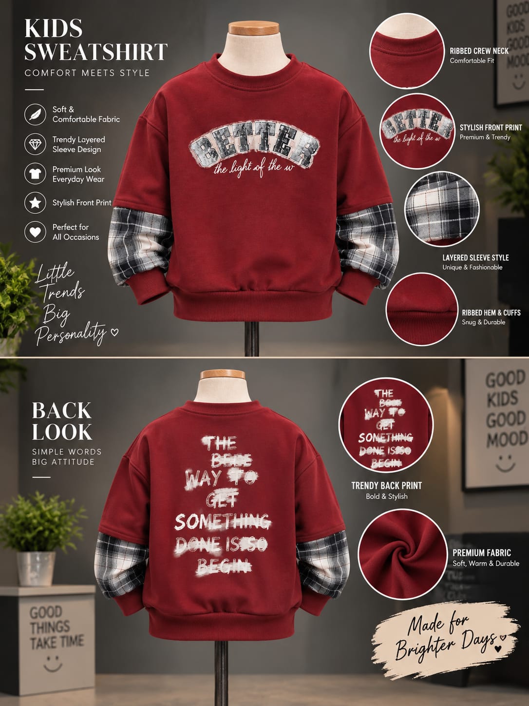 Boys Maroon Printed Sweatshirt with Checkered Sleeve Detail – 6 to 12 Years