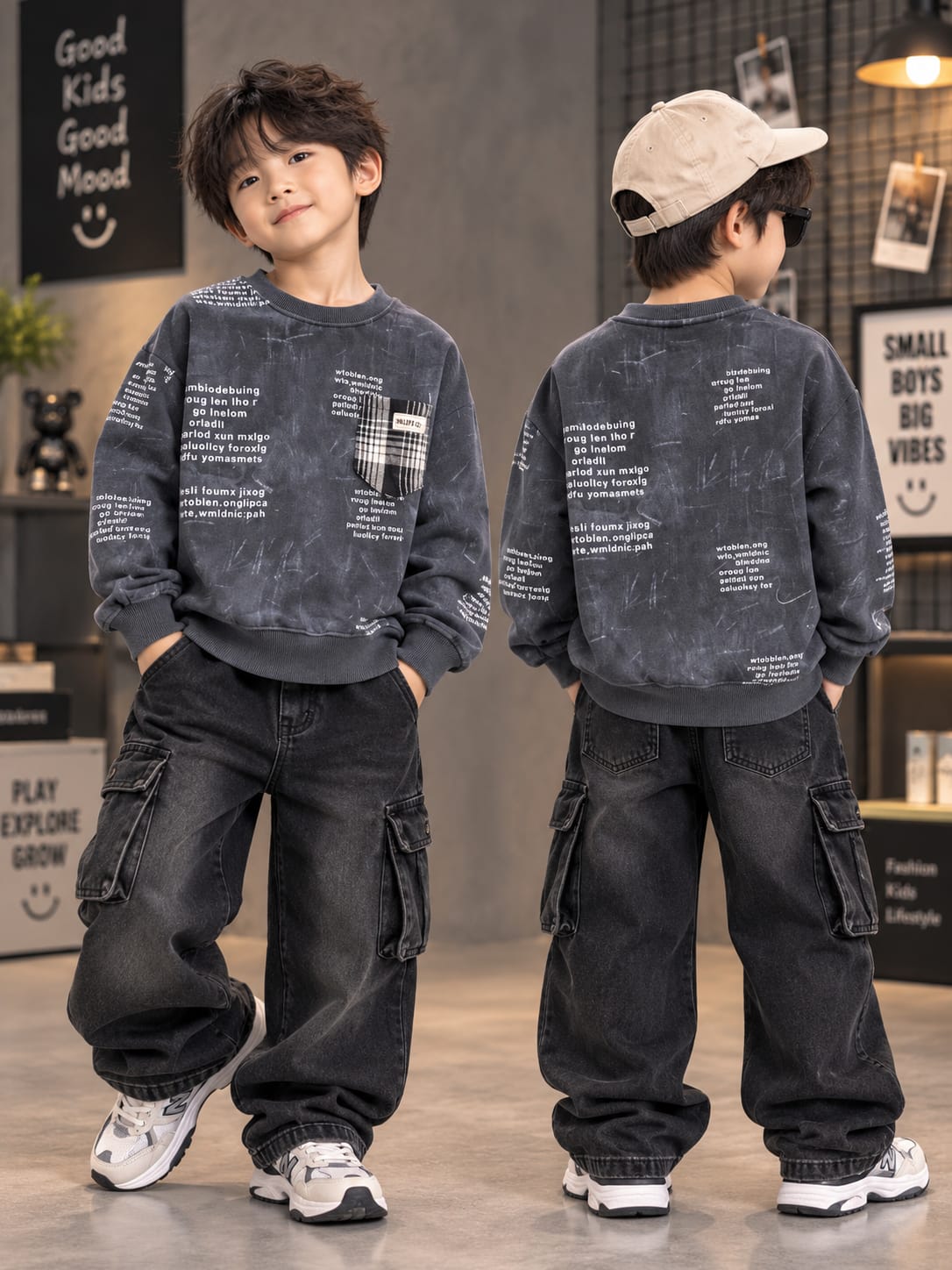 Boys Printed Sweatshirt with Checkered Pocket – 6 to 12 Years