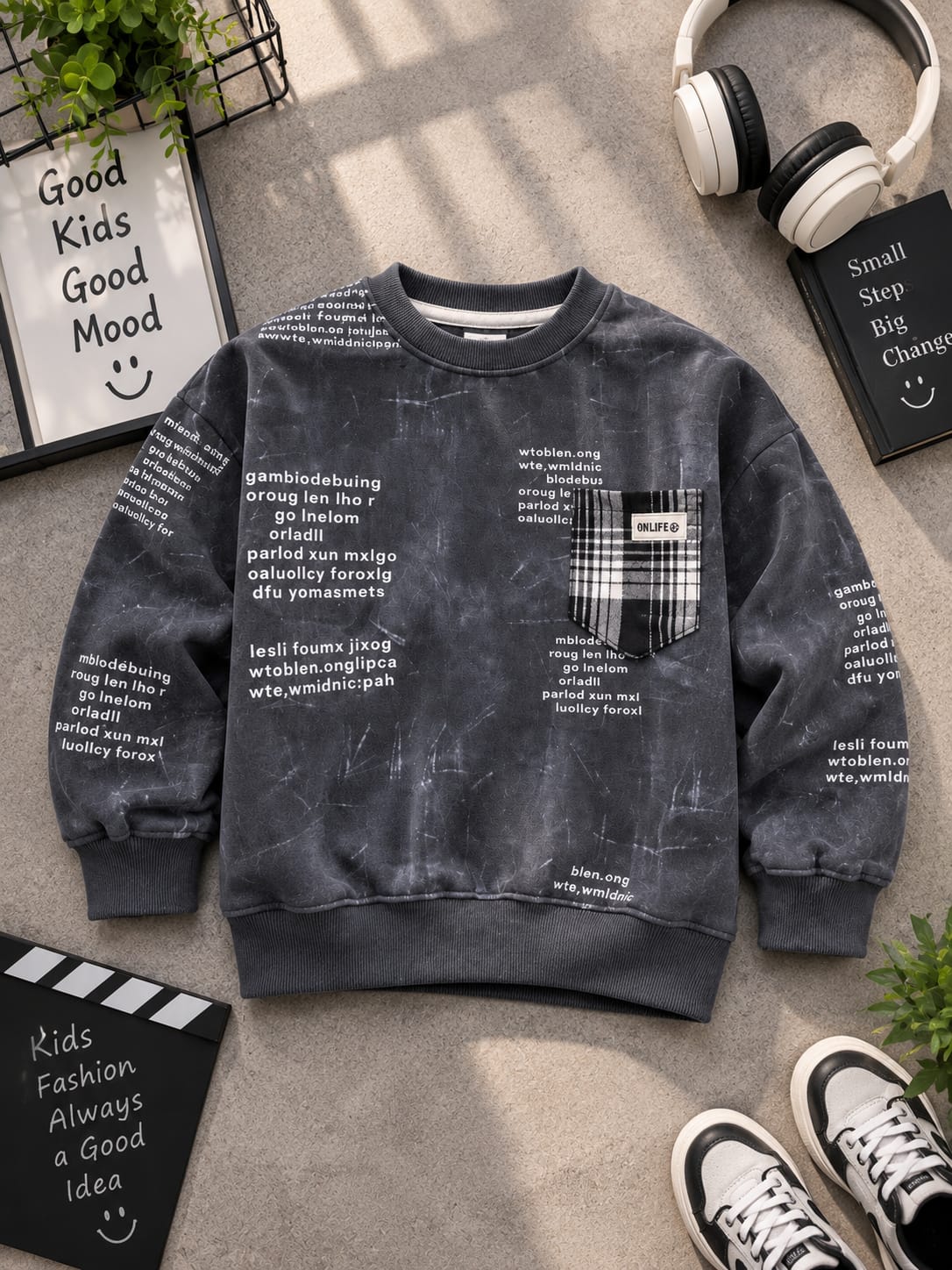 Boys Printed Sweatshirt with Checkered Pocket – 6 to 12 Years