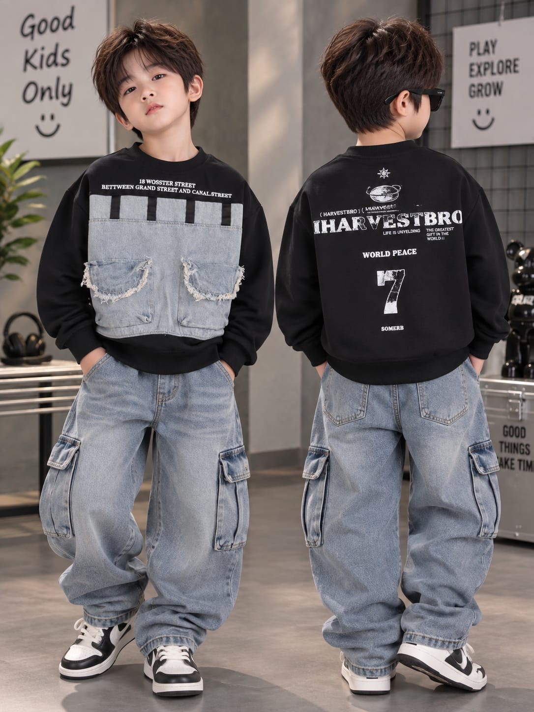 Boys Black Sweatshirt with Denim Front Panel & Pocket Detail – 6 to 12 Years