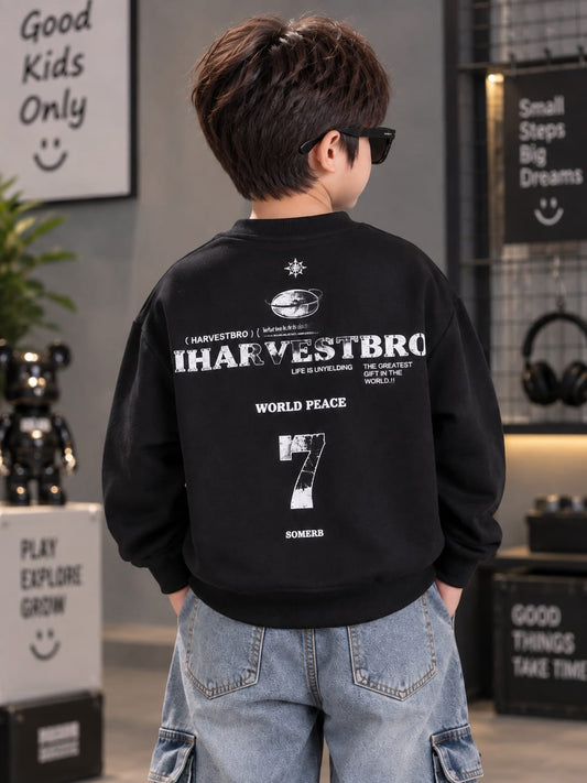 Boys Black Sweatshirt with Denim Front Panel & Pocket Detail – 6 to 12 Years