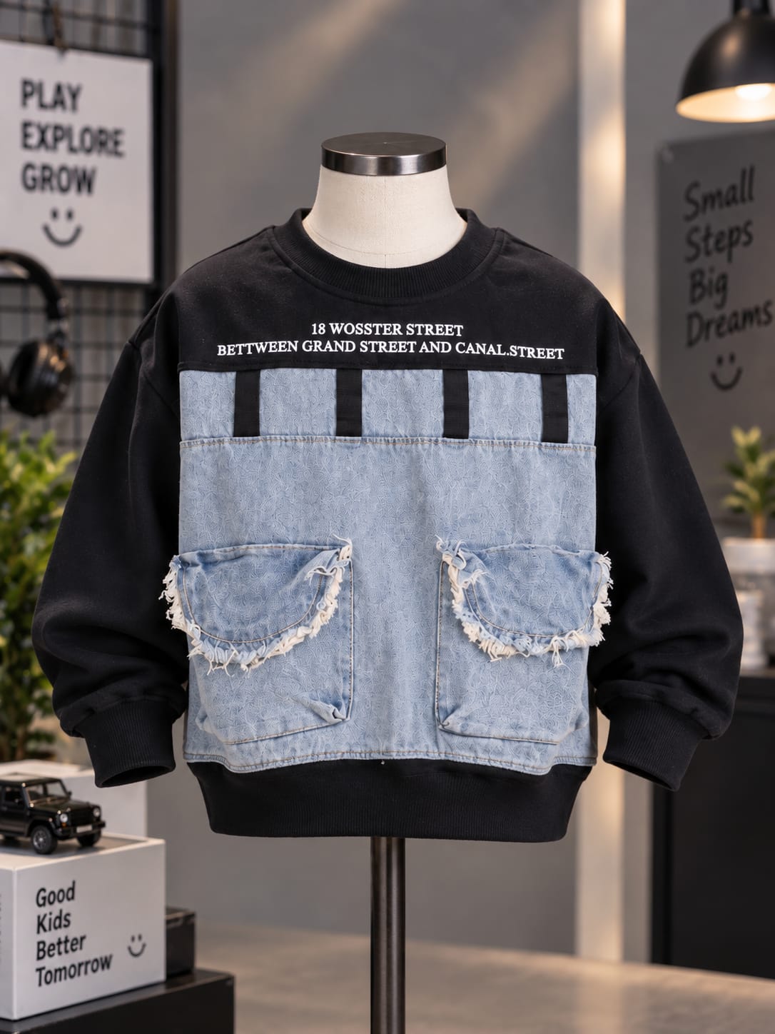 Boys Black Sweatshirt with Denim Front Panel & Pocket Detail – 6 to 12 Years