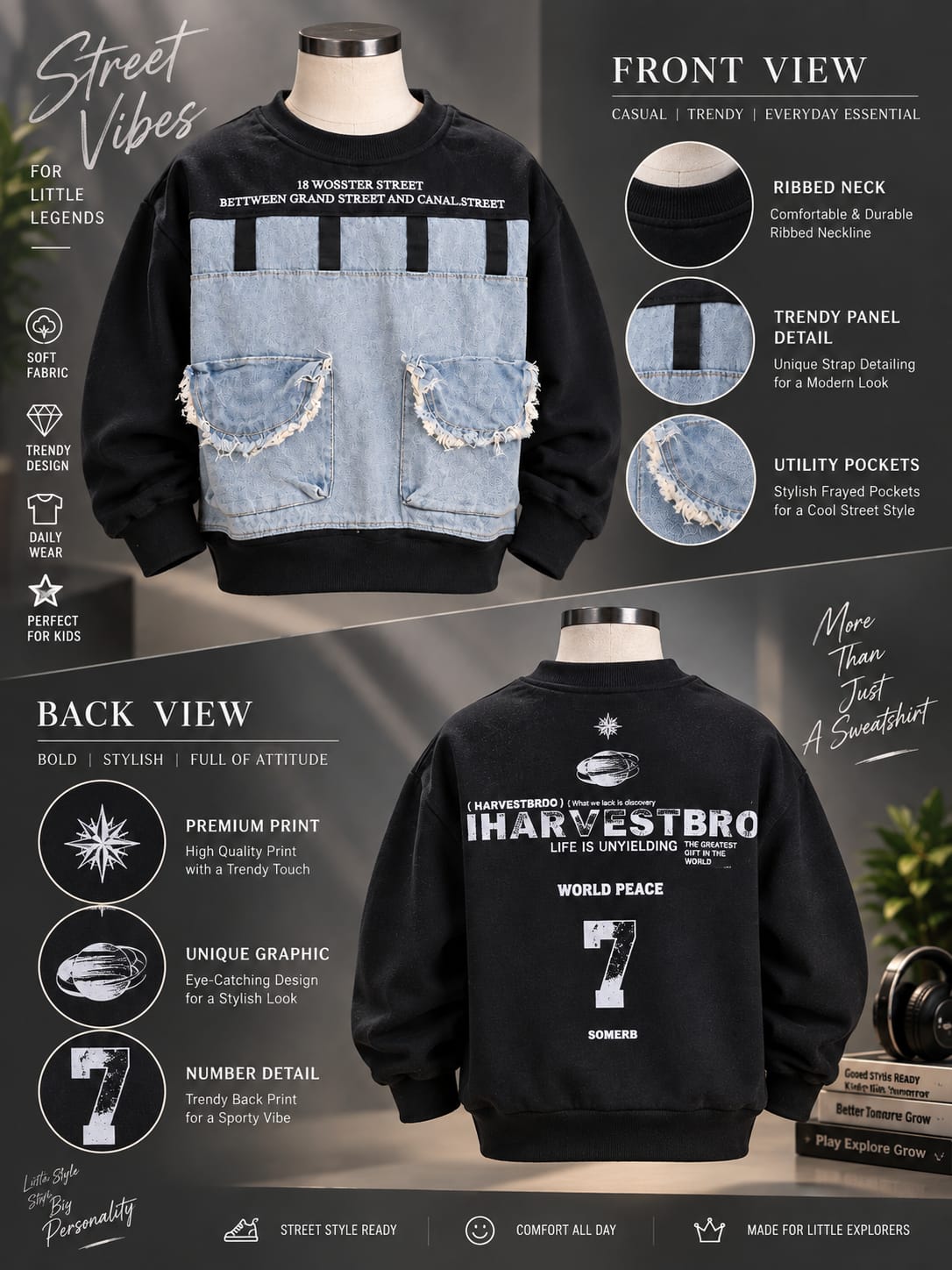 Boys Black Sweatshirt with Denim Front Panel & Pocket Detail – 6 to 12 Years