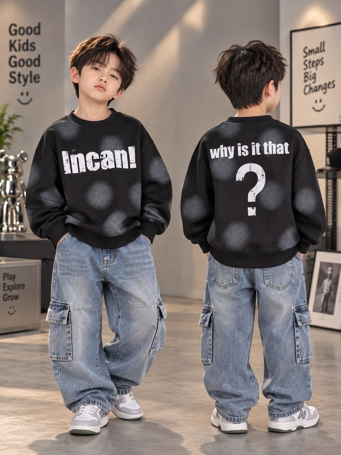 Kids Black Printed Oversized Sweatshirt – 6 to 12 Years