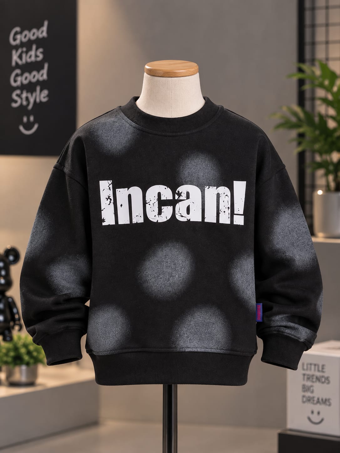 Kids Black Printed Oversized Sweatshirt – 6 to 12 Years