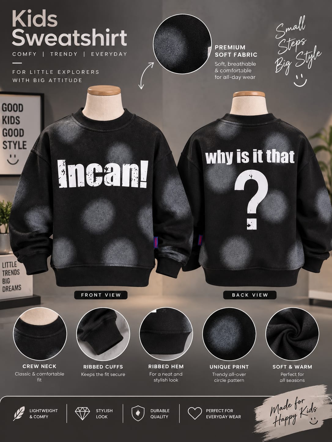 Kids Black Printed Oversized Sweatshirt – 6 to 12 Years