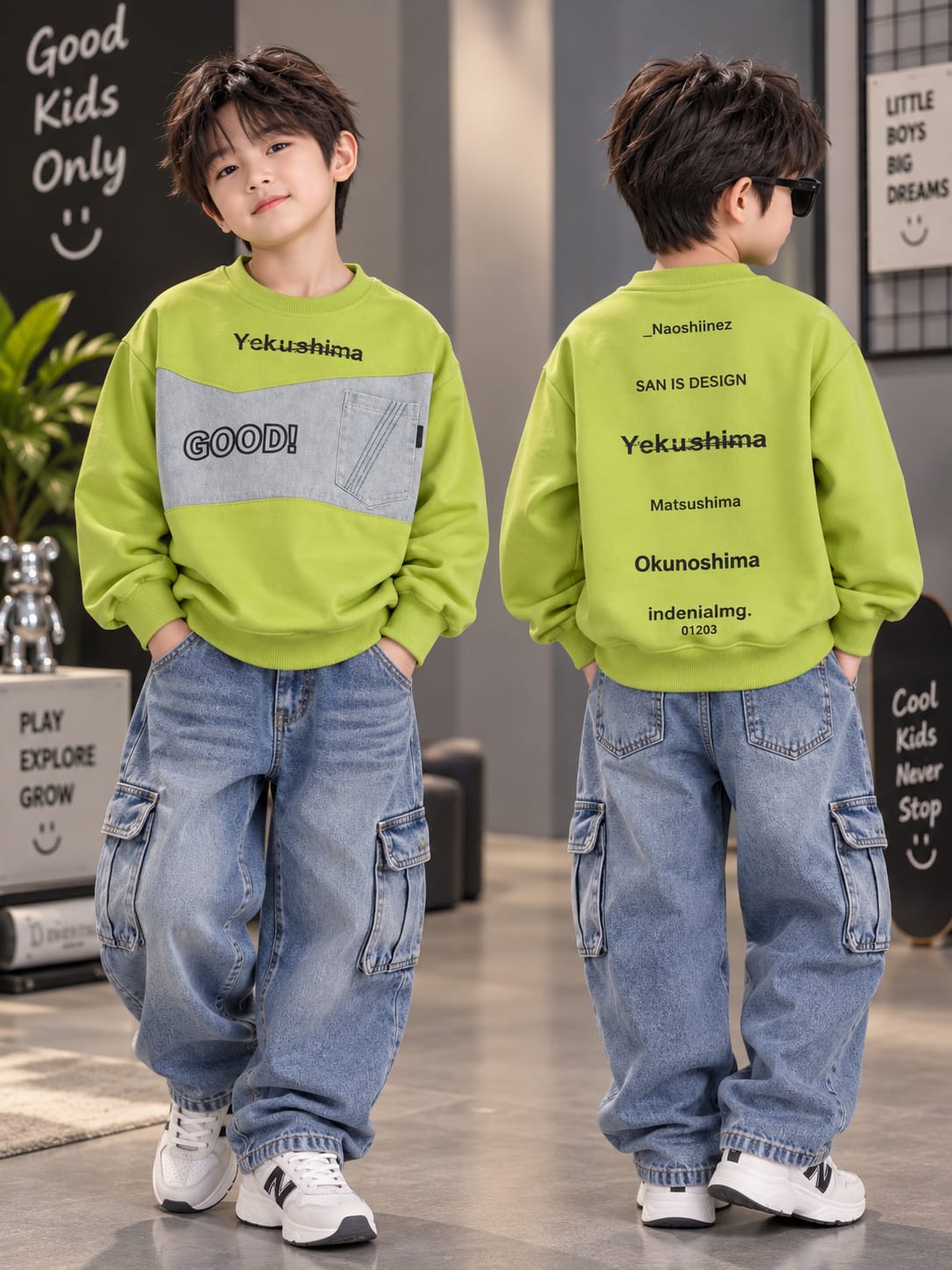 Boys Green Sweatshirt with Denim Panel & Front Pocket – 6 to 12 Years