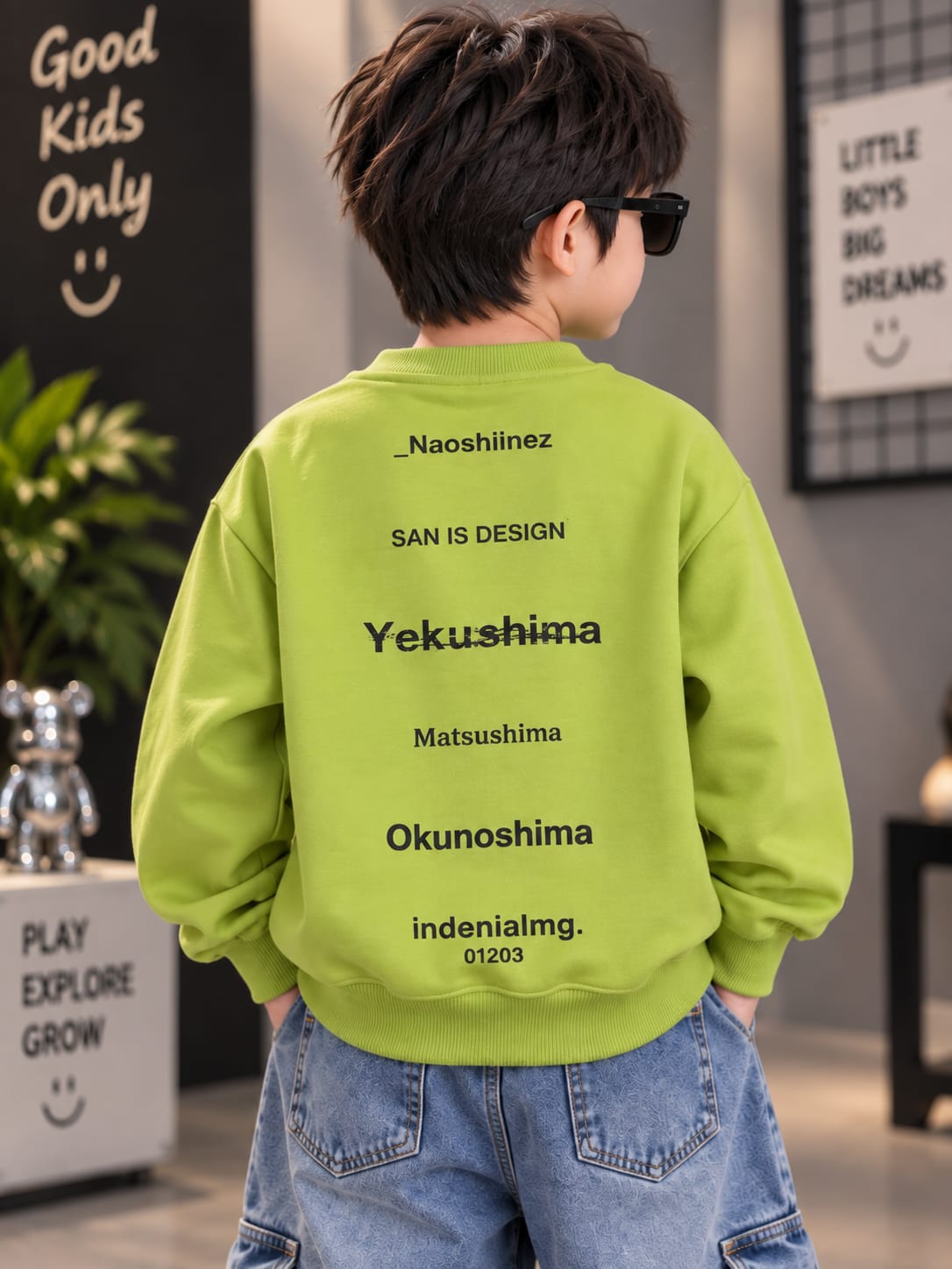 Boys Green Sweatshirt with Denim Panel & Front Pocket – 6 to 12 Years