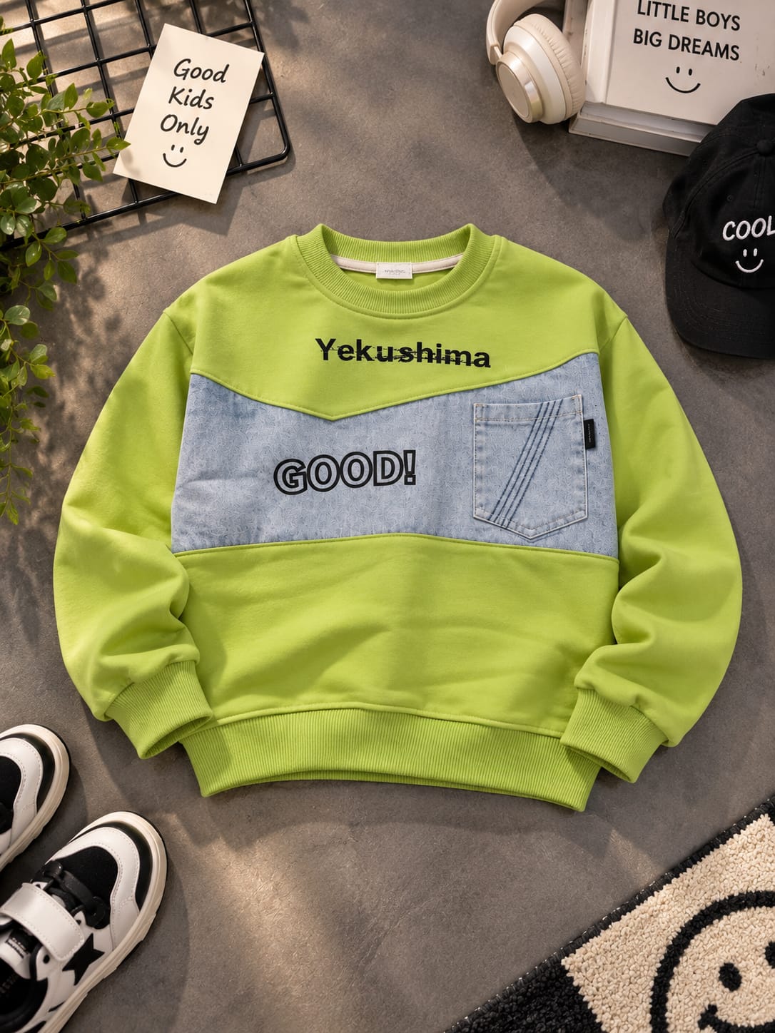 Boys Green Sweatshirt with Denim Panel & Front Pocket – 6 to 12 Years
