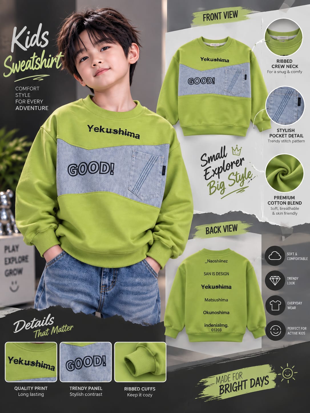 Boys Green Sweatshirt with Denim Panel & Front Pocket – 6 to 12 Years