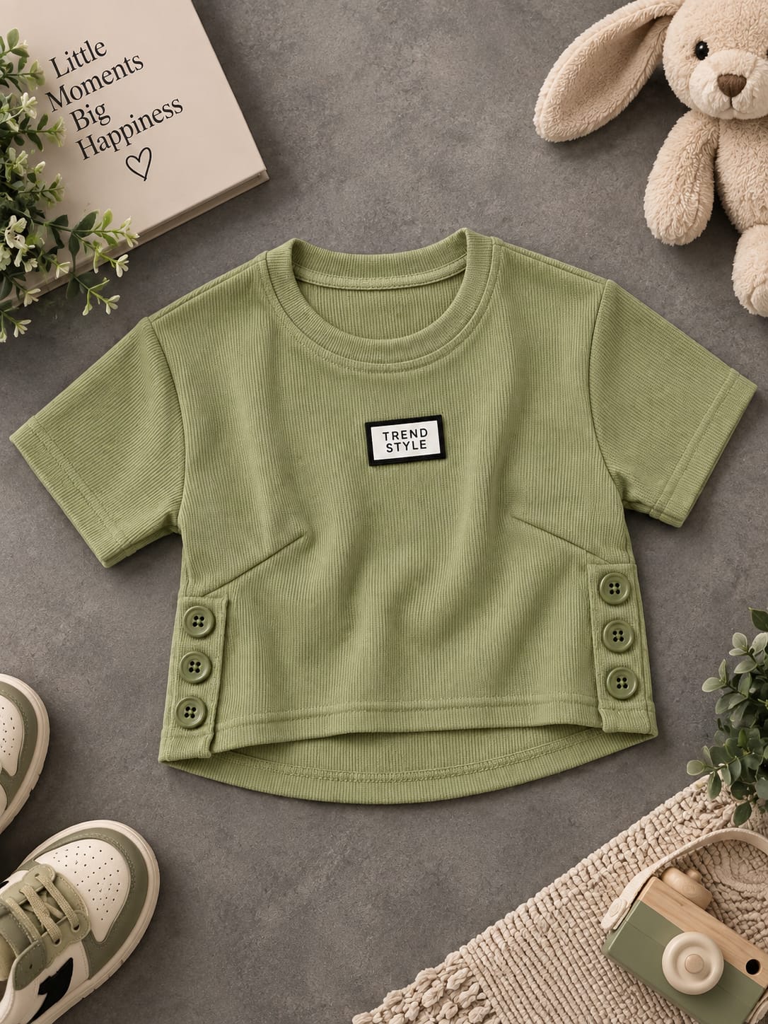 Girls Olive Green Ribbed T-Shirt with Side Button Detail – 16 to 22