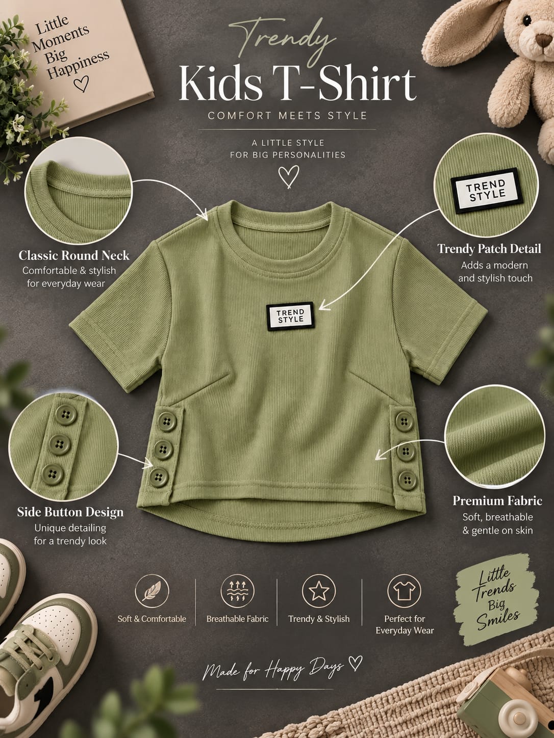 Girls Olive Green Ribbed T-Shirt with Side Button Detail – 16 to 22