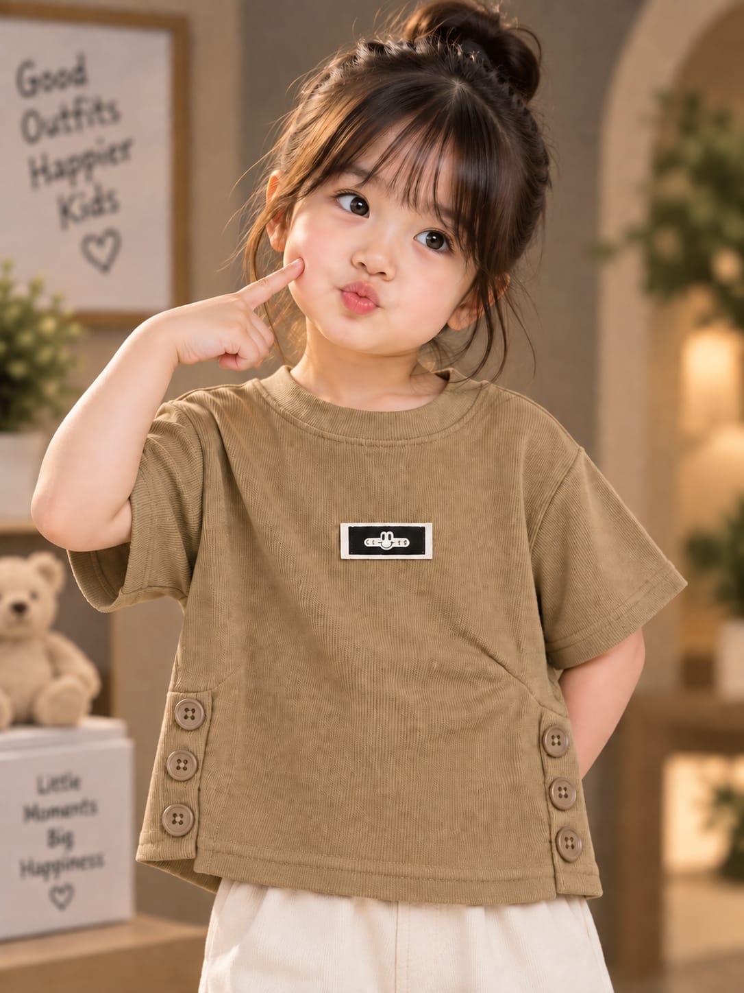 Girls Beige Ribbed T-Shirt with Side Button Detail – 16 to 22